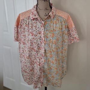 American Eagle Outfitters Large Floral Patchwork Blouse - Pink, Orange, Cream